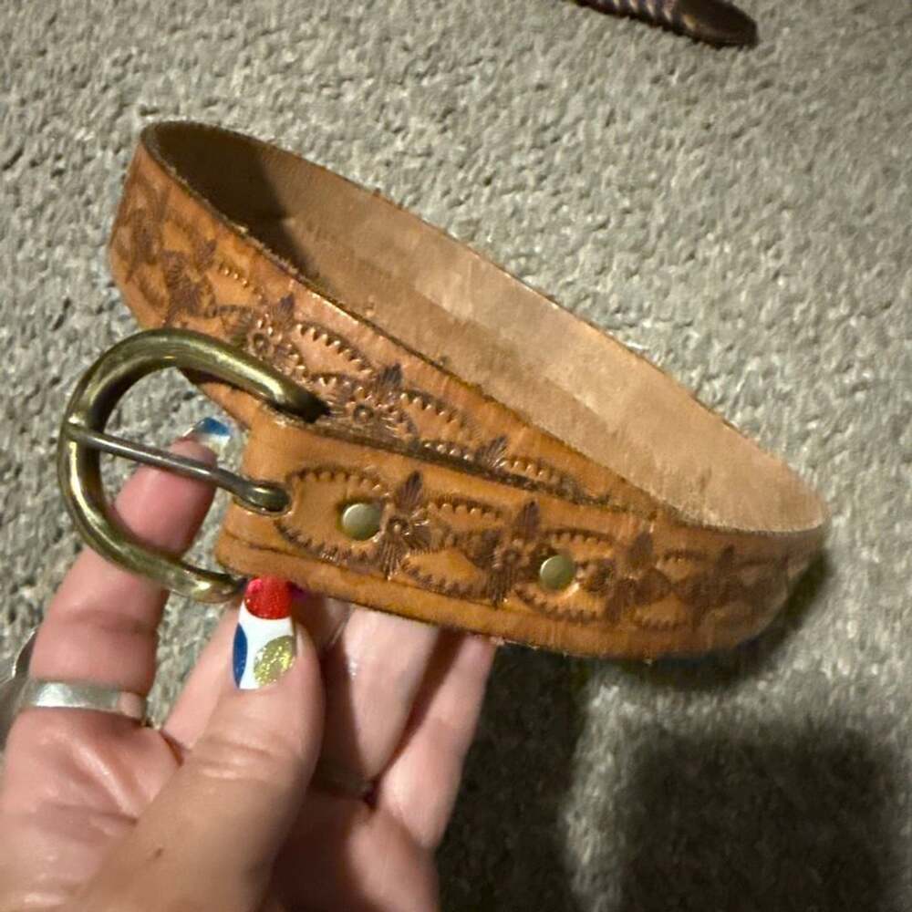 Vintage Hand Tooled Leather Belt Size 38 Brown Western